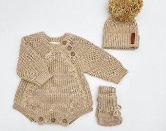 Baby Newborn Set OPTIONS - Romper booties hat - Tan Heathered Elliot