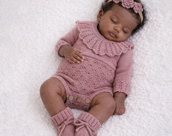 Tutina in cotone con pizzo lavorato a maglia per bambina, set da 2/3 pezzi, Zori Dusty Pink