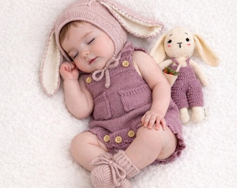 Baby Mädchen Baumwolle gestrickte Bubble Romper Ostern Frühling Set | Violette HÄSCHEN 3er Set