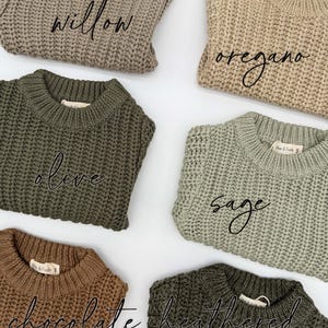 May include: Six chunky knit sweaters in various earth tones, each featuring a ribbed crew neckline and a woven brand label. The colors are labeled as willow, oregano, olive, sage, chocolate, and heathered olive in black script text on each.