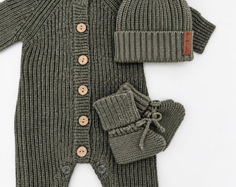 Baby Knit Jumpsuit Buttoned Outfit | Combo Options| Beanie booties Jumper| PINE Green MEKO