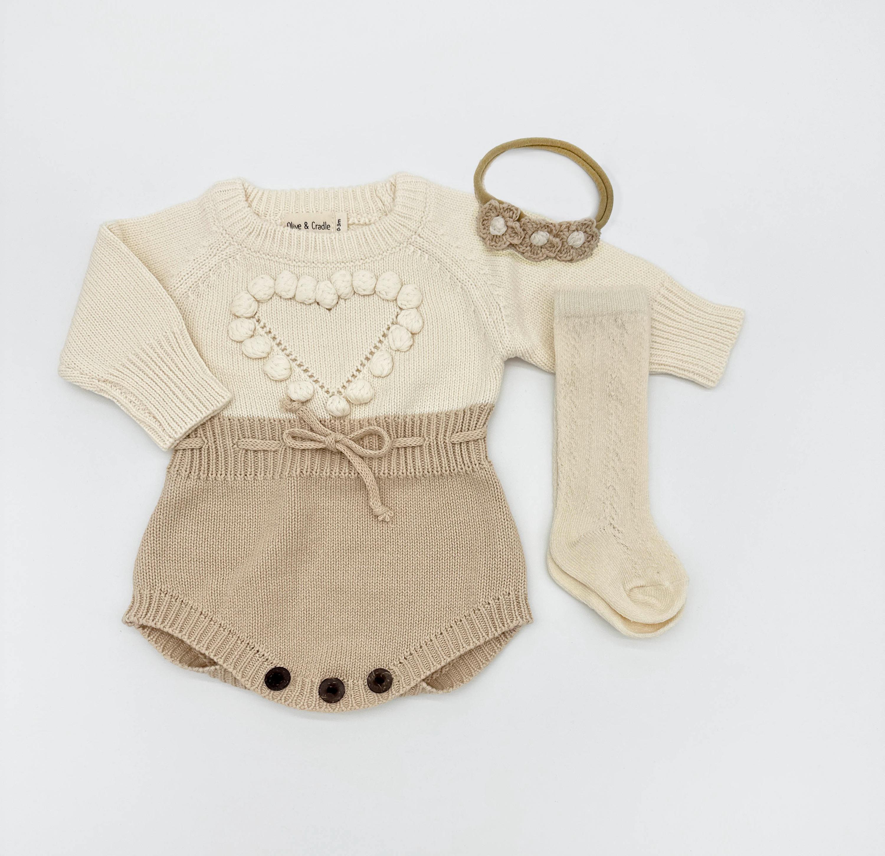 Baby Girl knit HEART ROMPER Options + Sets Bow Booties socks Cream Heart