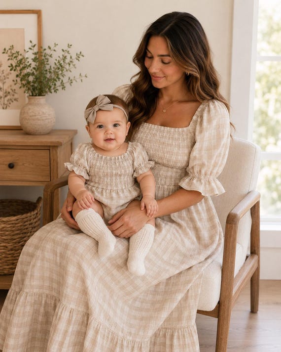 gingham dress beige Plaid Mama and Daughter Sizes | Puff Sleeve Sienna Aidan Mattox Sleeveless Lace sleeve-style_Straps Sizes:134 cm Gentle cycle