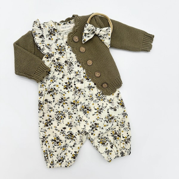 Baby Girl Cotton Floral Jumper Romper with Bow | OPTIONS| Jennifer VINTAGE Floral