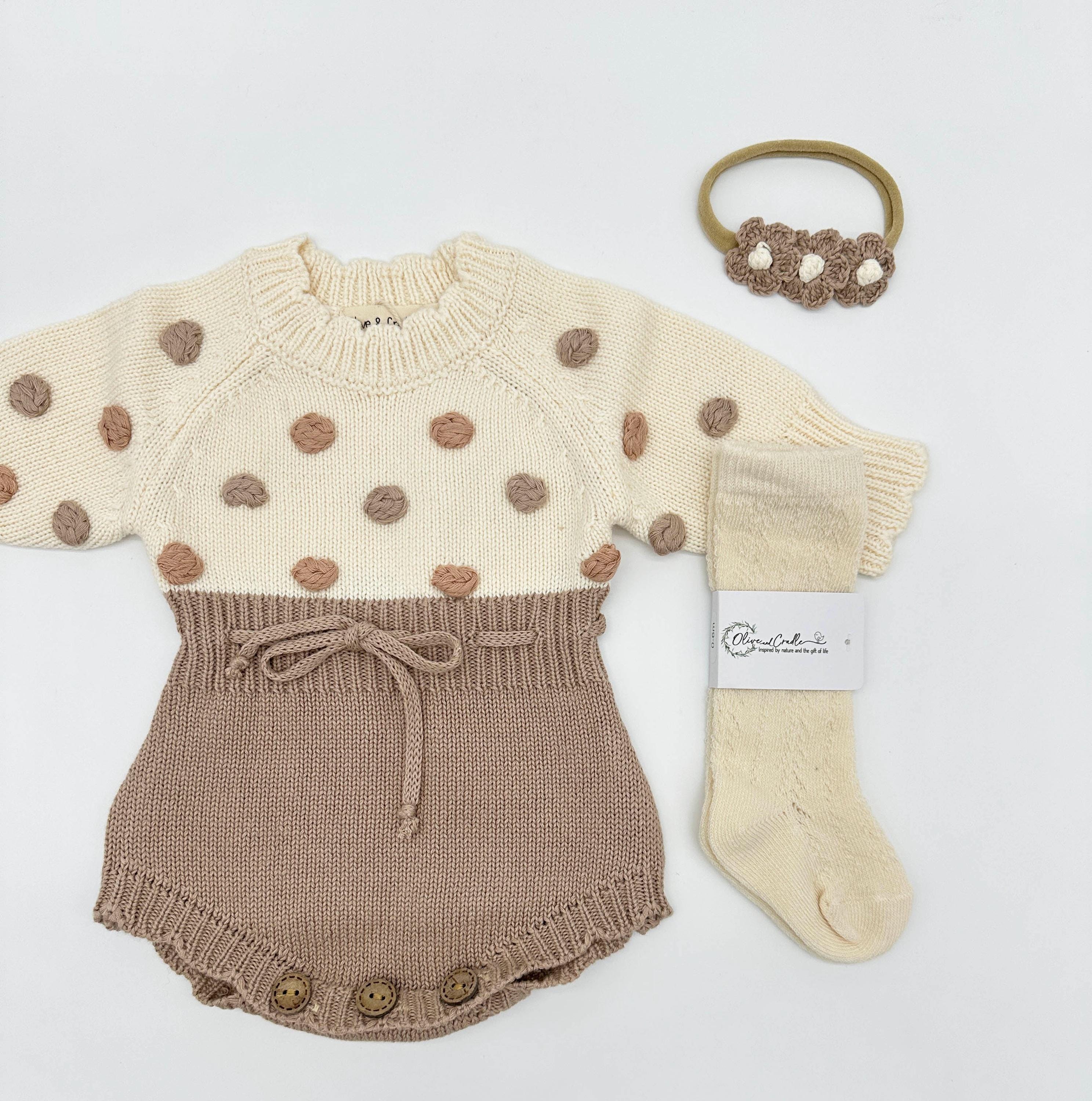 Baby Girl knit Pom Pom Romper Options + Sets Bow Socks Lottie Dot FOG