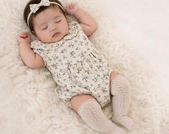 Baby Girl Cotton Floral VIOLETTA collar Romper | OPTION SETS| socks + Bow + Cardigan