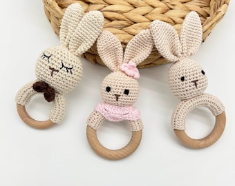 crochet bunny rattle rabbit | baby stuffed wooden ring Easter bunny toy