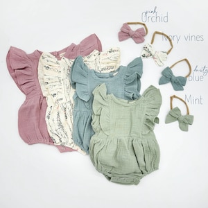 Baby Girl Muslin Cotton Romper: Ruffle Sleeve Easter Outfit + Bow