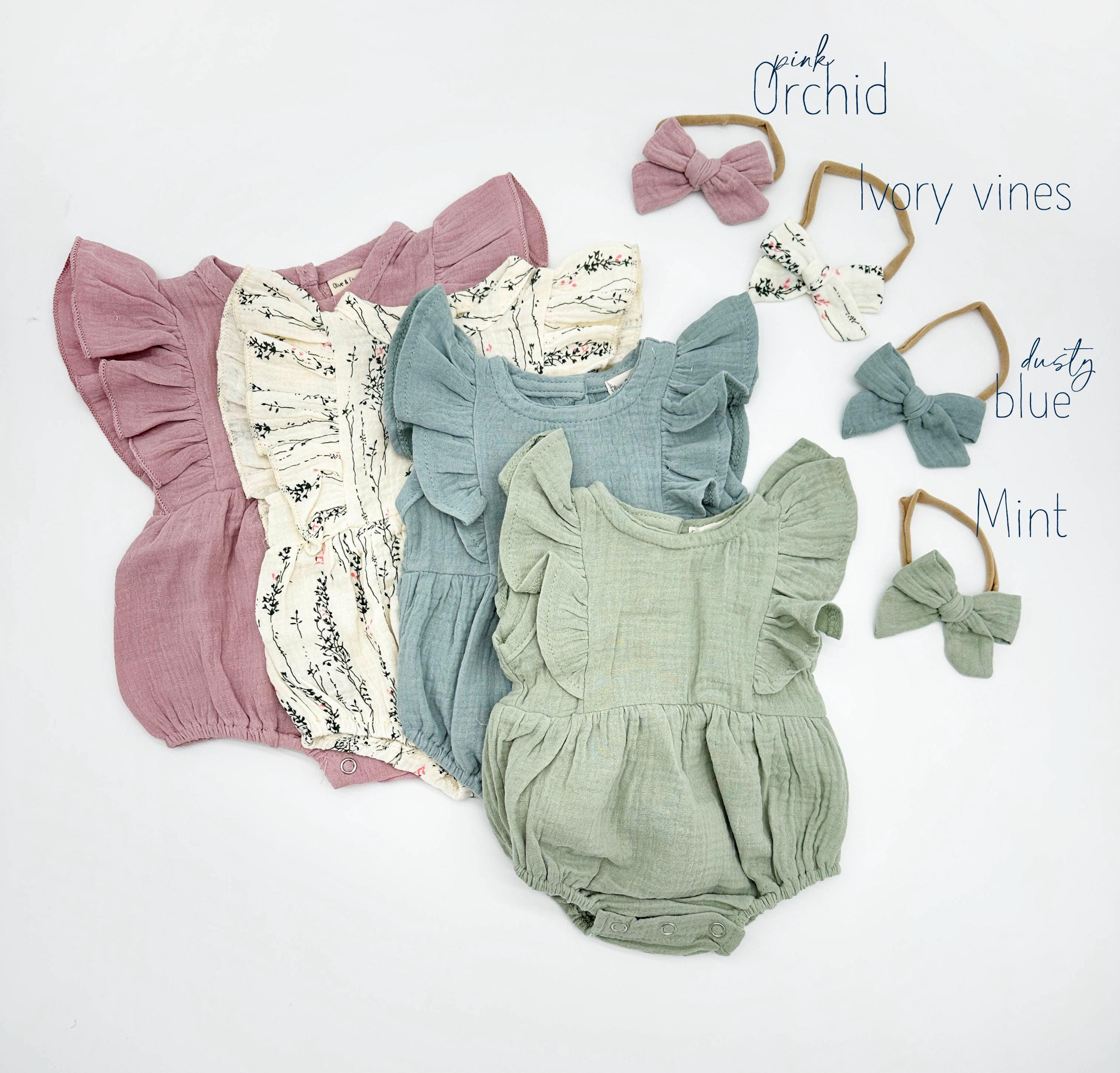 Baby Girl Muslin Cotton Romper: Ruffle Sleeve Easter Outfit + Bow