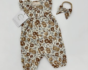 Baby Girl Cotton Floral Jumper Romper with Bow | OPTIONS| Jennifer Bria