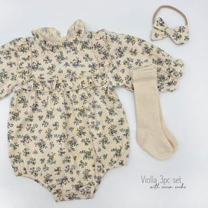 Baby Girl Cotton Floral VIOLLA collar Romper | OPTION SETS| socks + Bow + Cardigan Viola 3pc w/socks