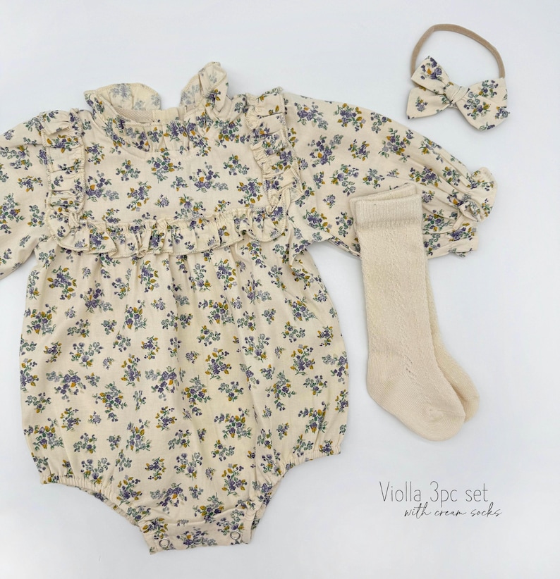 Baby Girl Cotton Floral VIOLLA collar Romper | OPTION SETS| socks + Bow + Cardigan Viola 3pc w/socks