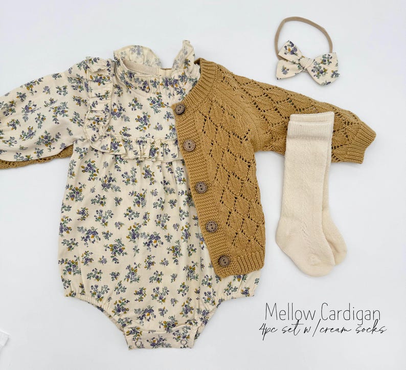 Baby Girl Cotton Floral VIOLLA collar Romper | OPTION SETS| socks + Bow + Cardigan Mellow 4pc set