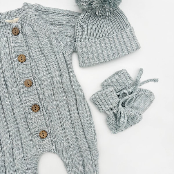 Baby Knit Jumper full buttoned newborn classic romper | MILO Heathered Blue SET