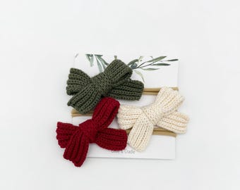 knit cotton baby hair bows on nylon headband | Knitted bows