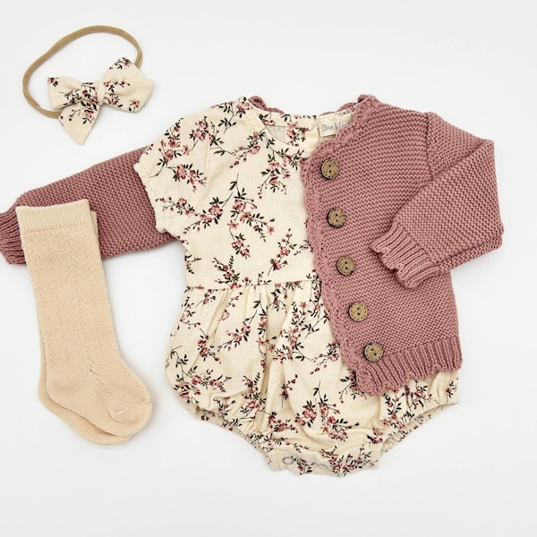 Baby Girl Cotton Floral Bubble Romper with Bow | Matching SET OPTIONS Socks Cardigan | Anessa