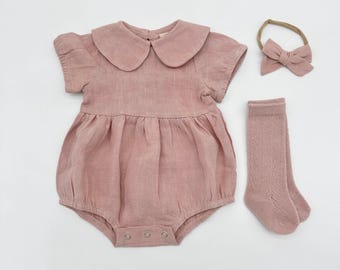 Baby Girl Linen Romper | Peter Pan Collar, Blush Pink