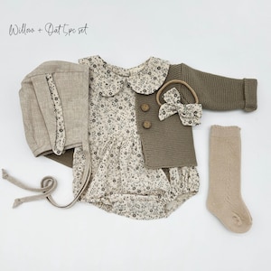 May include: A five-piece baby outfit set in a floral print with a brown cardigan, a matching bonnet, a headband, and socks. The text "Willow + Oat 5pc set" is visible in the image.