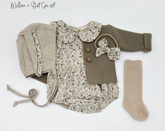 Baby Girl Cotton Floral Romper | OPTION SETS| socks + Bow + Cardigan | Allie Floral OAT