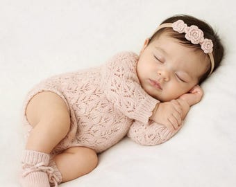 Baby Knit leaf lace romper with Set options | LACEY Light Pink Apricot
