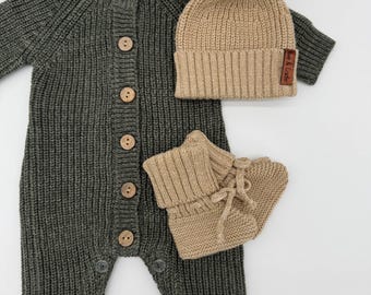 Baby Knit Jumpsuit Buttoned Outfit | Combo Options| Beanie booties Jumper| PINE Green MEKO