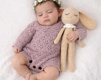 Baby Knit leaf lace romper with Set options | LACEY Easter Lilac