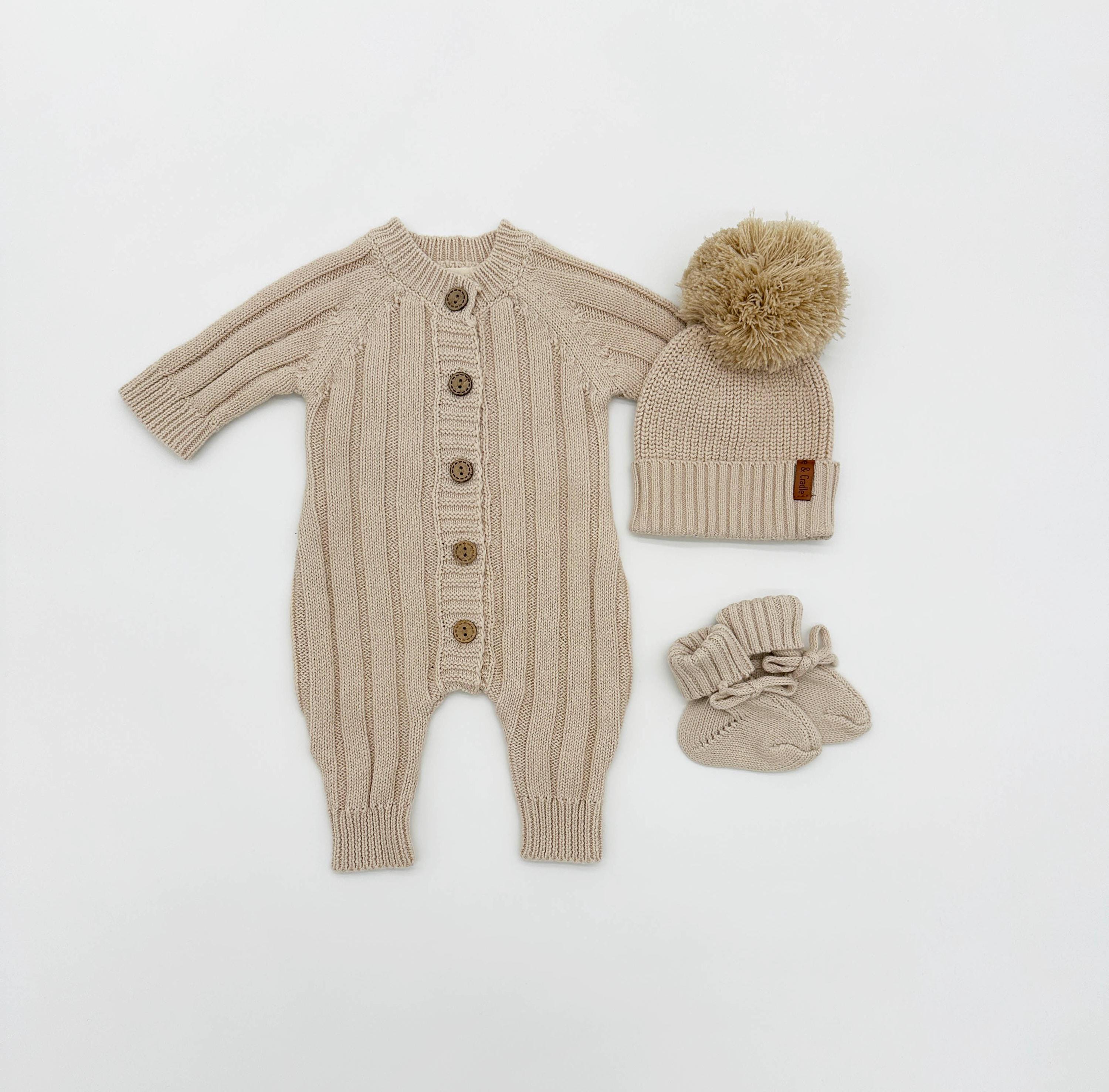 Baby Knit Jumper full buttoned newborn classic romper | MILO Taupe SET