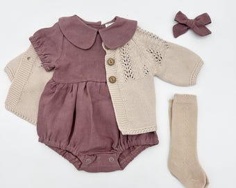 Baby Girl Plum Linen Romper | Peter Pan Collar, Bow Option