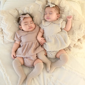 Baby Girl LINEN Peter pan Collar Bubble Dress with bloomer | ALLIE DRESS w/ matching bow