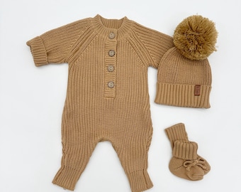 Baby knit Jumpsuit outfit | Combo OPTIONS | Beanie booties Bow Jumper| TAN Harper