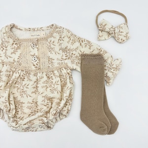 Conjunto de pelele para bebé ELODIE de muselina floral vintage, 100 % algodón, con lazo a juego, manga larga