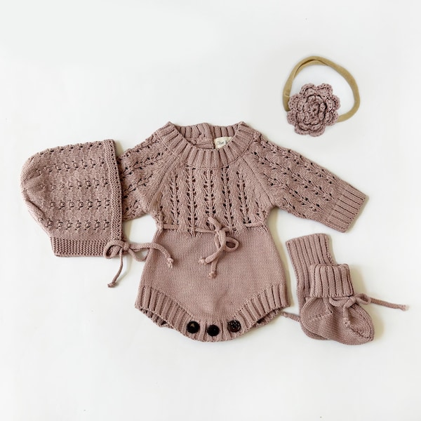 Baby Girl knit lace romper Set Options ZOYA romper | MAUVE