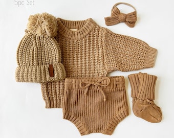 Baby Neugeborenen stricken Set Optionen |  Pullover Pumphose Booties Mütze |  Beige