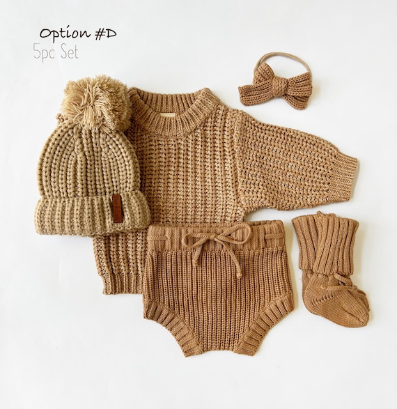 baby newborn knit Set options |  sweater bloomer booties hat |  Tan