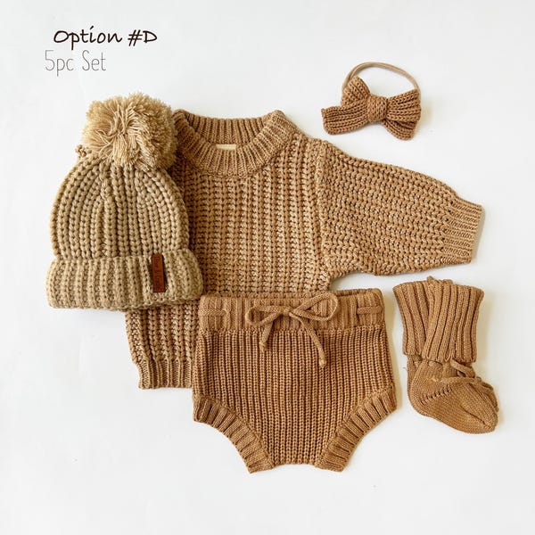 baby newborn knit Set options |  sweater bloomer booties hat |  Tan