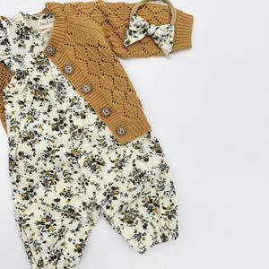 Baby Girl Cotton Floral Jumper Romper with Bow | OPTIONS| Jennifer VINTAGE Floral 3pc+ Mustard Sweater