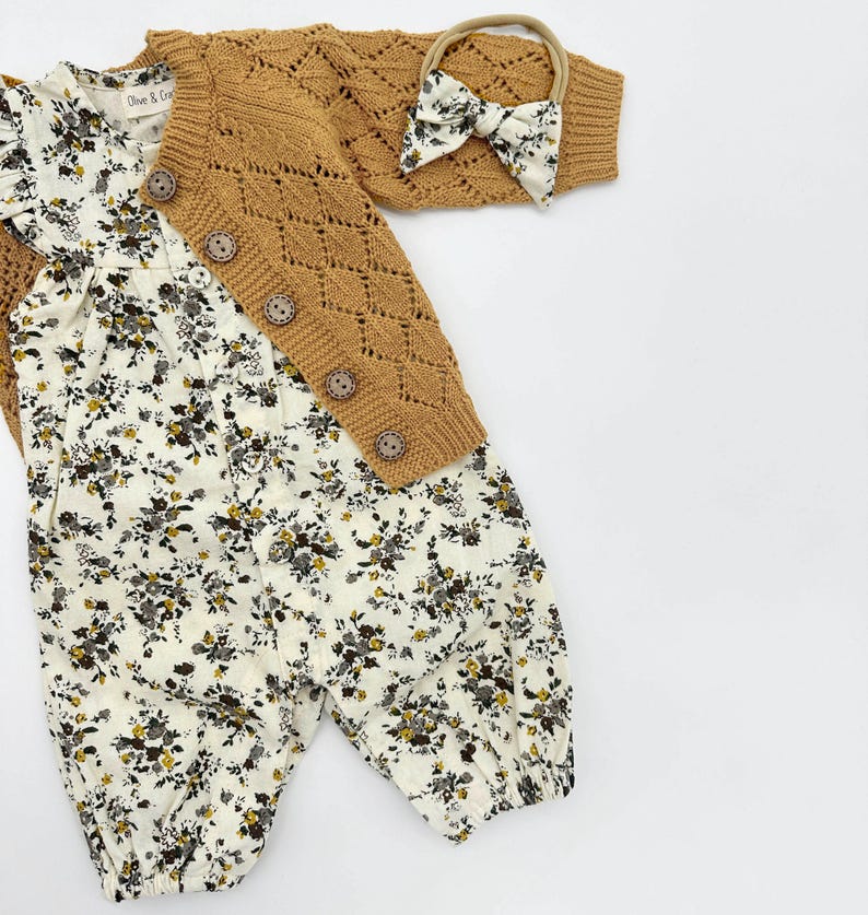 Baby Girl Cotton Floral Jumper Romper with Bow | OPTIONS| Jennifer VINTAGE Floral 3pc+ Mustard Sweater