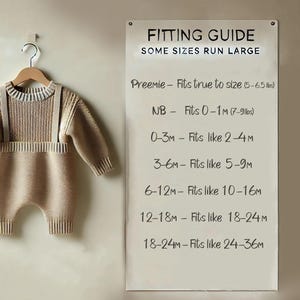 May include: A white board with a black handwritten fitting guide for baby clothes. The guide lists sizes from preemie to 18-24 months and includes the corresponding weight and age ranges. Some sizes run large.