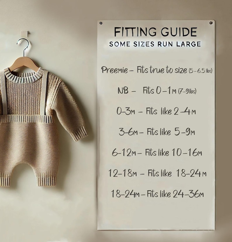May include: A white board with a black handwritten fitting guide for baby clothes. The guide lists sizes from preemie to 18-24 months and includes the corresponding weight and age ranges. Some sizes run large.