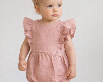 Baby Girl Linen Bubble Romper Ruffle front| Romper + Bow + Socks | SLEEVELESS Gabriella 3pc set
