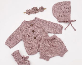 Baby Newborn Knitted SET Options | Sweater Bloomer Booties Bonnet | Matalin Heathered PINK
