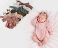 Baby Girl Linen Bubble Romper Long sleeve ruffle front|  | Gabriella with bow