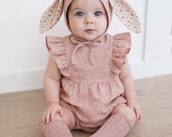 Leinen Blumen Baby Mütze Romper Socken | Oster 3er Set BLUSH PINK