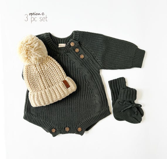Baby Newborn Chunky Knit Set Options | Romper Booties Hat |forest