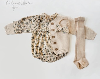 Baby Girl Cotton Floral VIOLLA collar Romper | OPTION SETS| socks + Bow + Cardigan