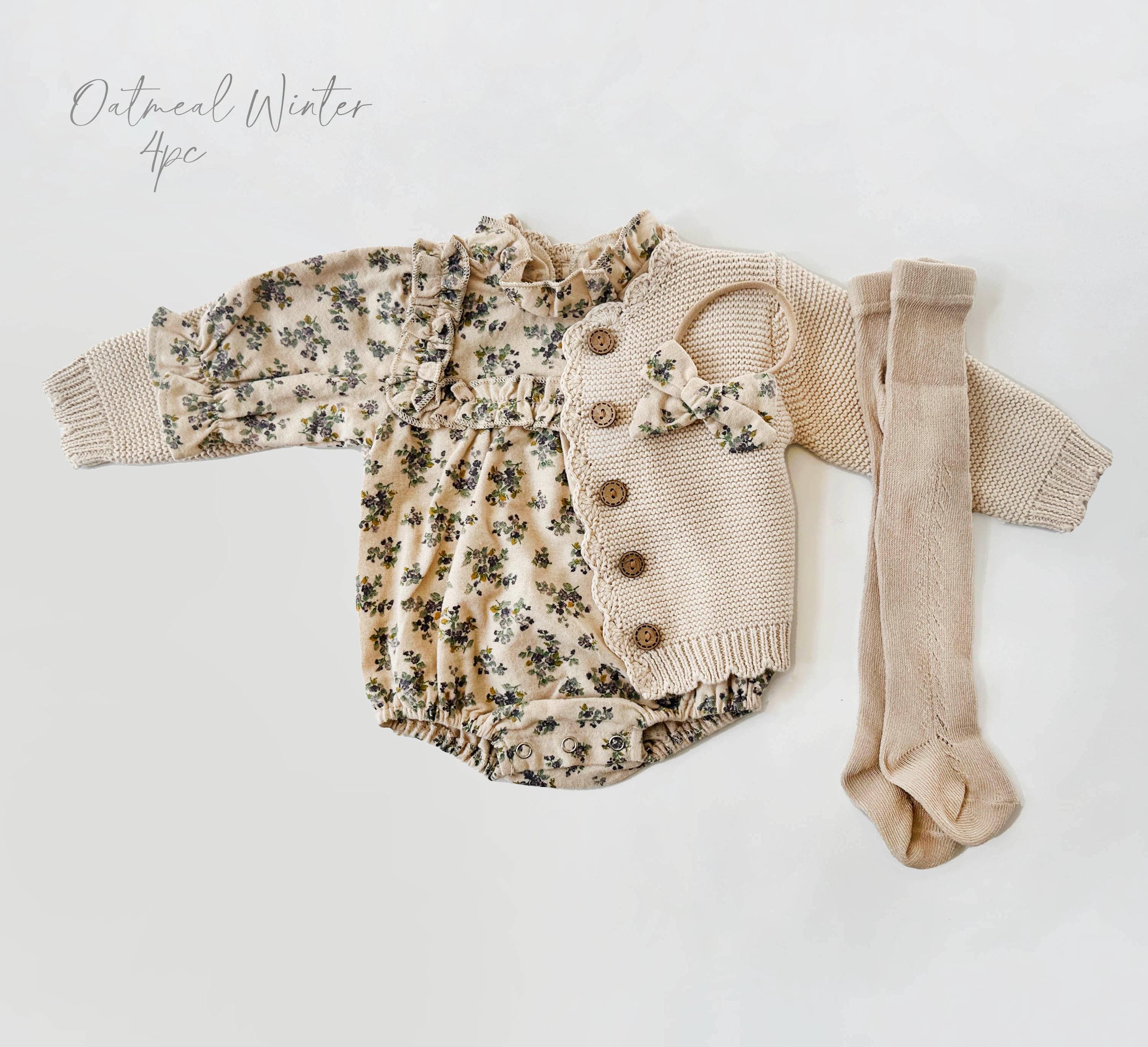 Baby Girl Cotton Floral VIOLLA collar Romper | OPTION SETS| socks + Bow + Cardigan