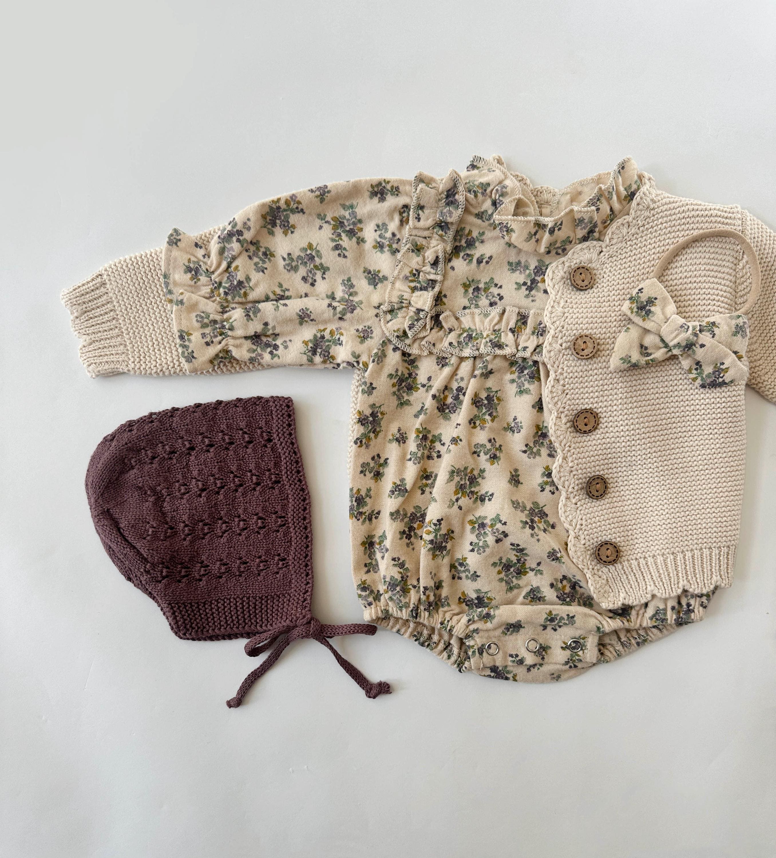 Baby Girl Cotton Floral VIOLLA collar Romper OPTION SETS socks + Bow + Cardigan