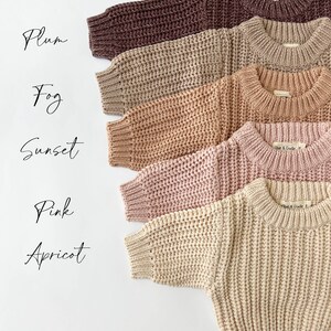 May include: Five long-sleeve sweaters in a chunky knit texture, arranged vertically in colors labeled Plum, Fog, Sunset, Pink, and Apricot. Each sweater features a ribbed crew neckline, ribbed cuffs, and a hem, with a small brand tag inside the collar.