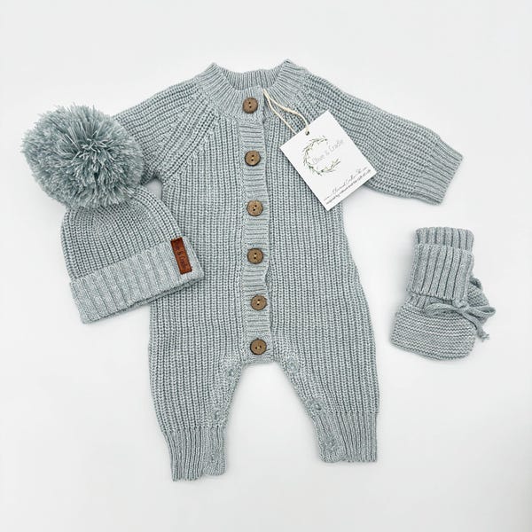 Baby Knit Jumpsuit Buttoned Outfit | Combo Options| Beanie booties Jumper| Heather blue MEKO