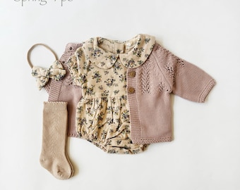 Baby Girl Cotton Floral VIOLETTA collar Romper | OPTION SETS| socks + Bow + Cardigan